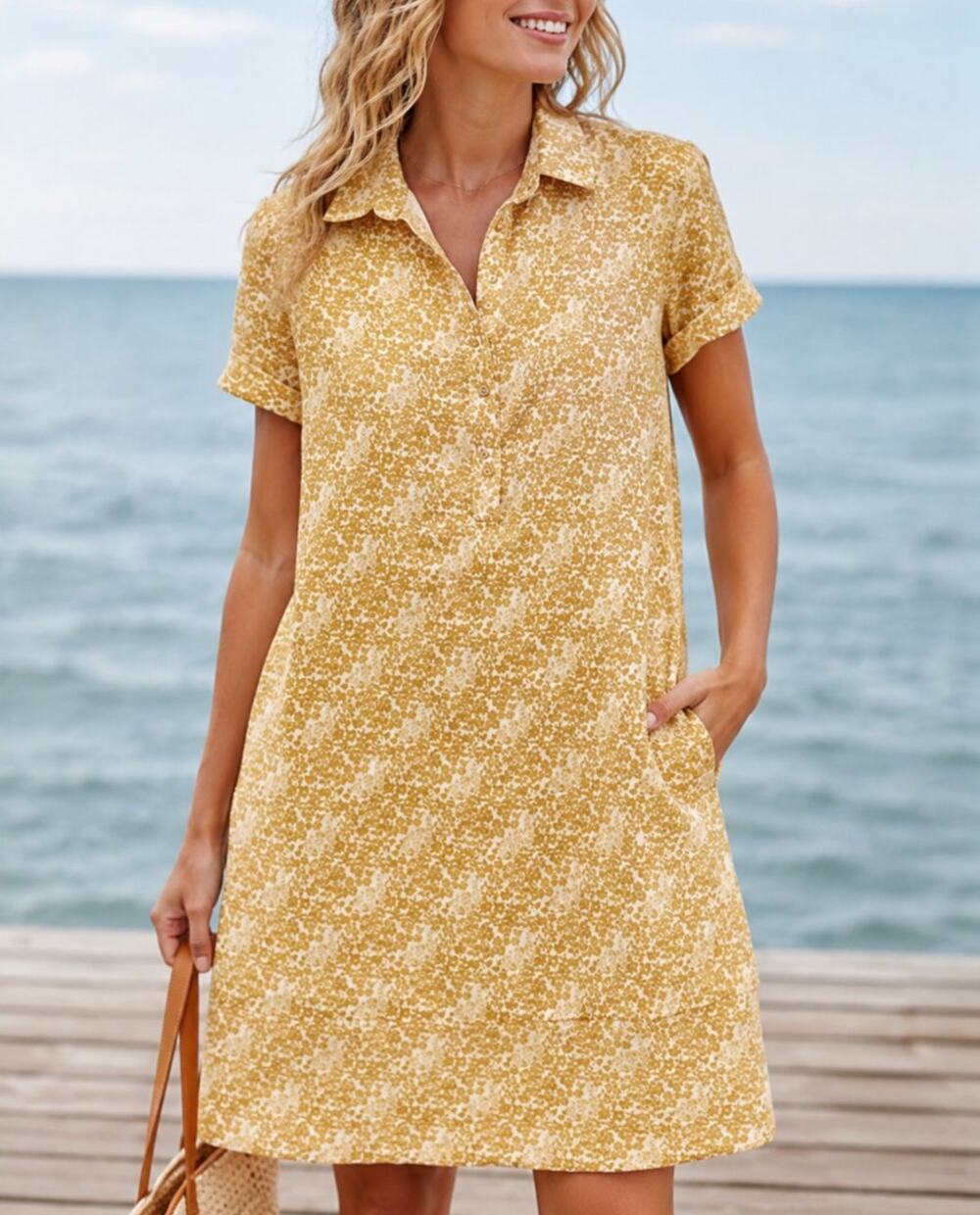 Garnet Hill Linen Poplin Floral Shirt Dress Yellow Small Coastal